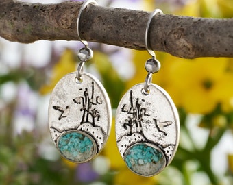 Turquoise Hummingbird Flower Earrings, Boho Bird Earrings, Garden Lover Jewelry, Rustic Bohemian Jewelry, Flying Bird Earrings, Gift for Her