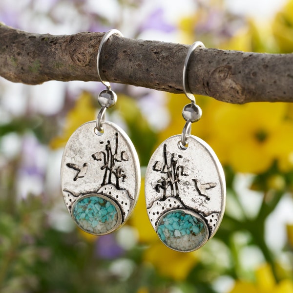 Turquoise Hummingbird Flower Earrings, Boho Bird Earrings, Garden Lover Jewelry, Rustic Bohemian Jewelry, Flying Bird Earrings, Gift for Her