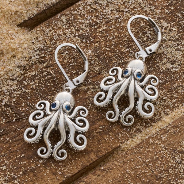 Octopus Earrings, Marine Life Jewelry, Surgical Steel Leverback Hooks