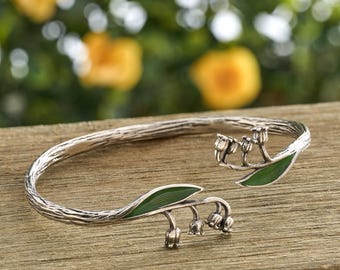 Enamel Lily of the Valley Cuff Bracelet, Adjustable Size