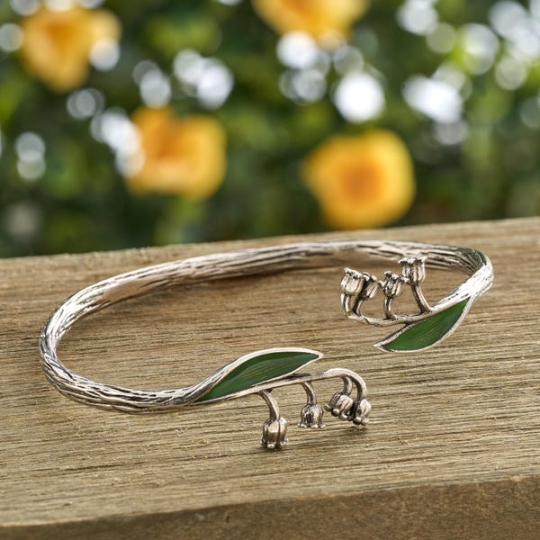 Enamel Lily of the Valley Cuff Bracelet, Adjustable Size