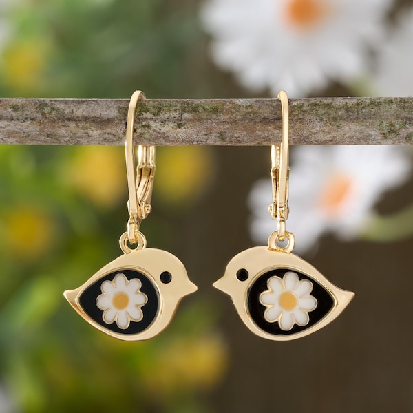 Leverback Gold Daisy Birdie Earrings, Handmade Nature-Inspired Earrings, Cute Bird Jewelry, Unique Floral Earrings, Garden Lover Jewelry