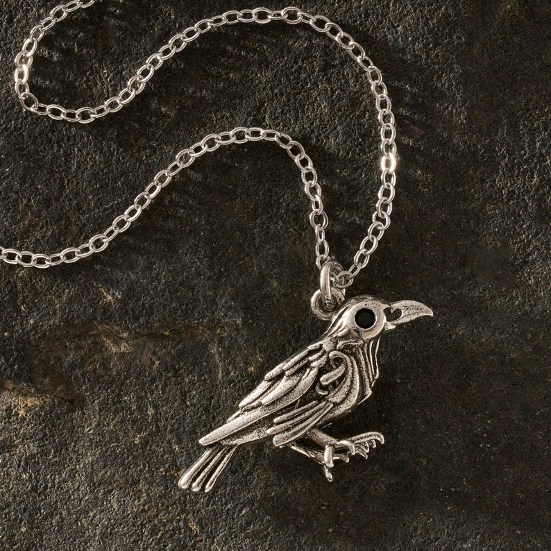 May include: Silver-toned raven pendant necklace. The detailed bird pendant features a black eye and is suspended from a delicate chain. The necklace is displayed on a dark, textured surface, showcasing the intricate design of the raven.