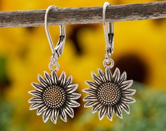 Leverback Vintage Sunflower Earrings, Handmade Silver and Gold Earrings, Elegant Fall Jewelry, Rustic Sunflower Earrings, Hypoallergenic