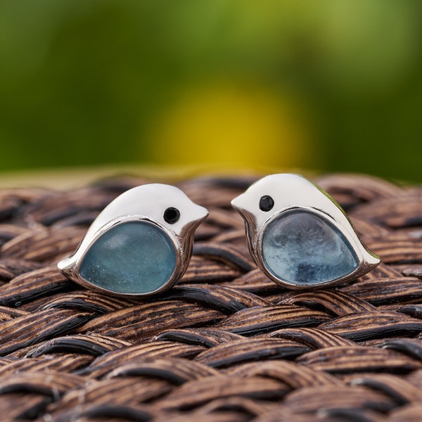 Sterling Silver Aquamarine Gemstone Birdie Studs, Dainty Nature Jewelry, Handmade Bird Earrings, Cute Bird Jewelry, Hypoallergenic Earrings