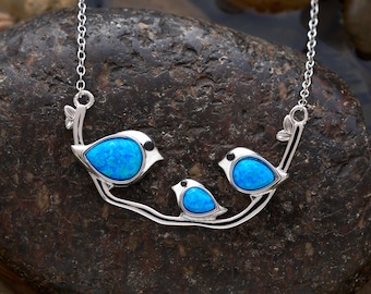 Sterling Silver Triple Blue Opal Birdie Branch Necklace, Elegant Bird Jewelry, Minimalist Blue Bird Jewelry, Unique Jewelry for Bird Lovers