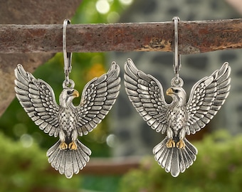 Bald Eagle Earrings, Vintage Silver Patriotic Leverback, Americana Wildlife Jewelry, 4th of July Gift