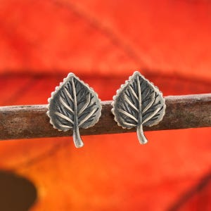 May include: A pair of silver-toned leaf-shaped stud earrings. Each earring features detailed veining and a textured edge, resembling a real leaf. The earrings are displayed on a wooden stick against a blurred orange and red background.