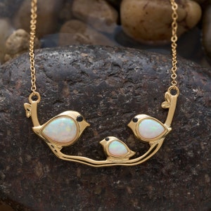 Triple White Opal Birdie Branch Necklace, Sterling Silver Plated in 18K Gold, Elegant Bird Jewelry, Minimalist Bird Jewelry, Nature Gift
