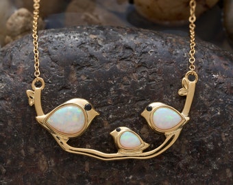 Triple White Opal Birdie Branch Necklace, Sterling Silver Plated in 18K Gold, Elegant Bird Jewelry, Minimalist Bird Jewelry, Nature Gift