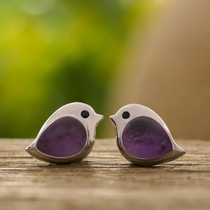 May include: A pair of silver bird-shaped earrings with purple gemstone bodies and black eyes. The earrings are set against a blurred green and brown background, suggesting an outdoor setting. The earrings are on a wooden surface.