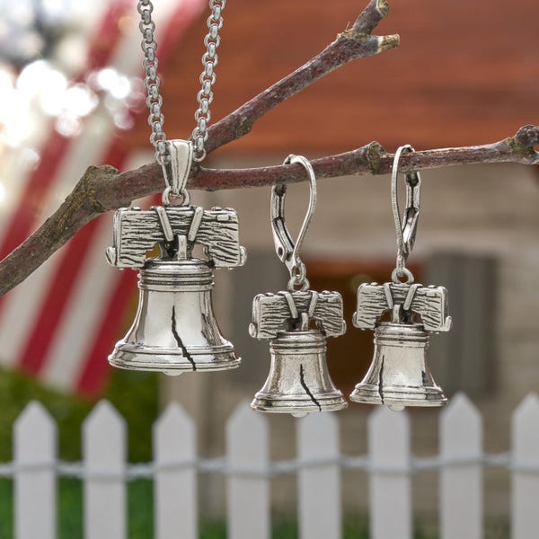Liberty Bell Jewelry Set, Antiqued Silver Patriotic Necklace and Earrings, Americana Heritage Gift Set
