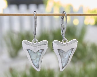 Shark Tooth Earrings, Mother of Pearl Leverback, Ocean Coastal Jewelry, Shark Lover Gift