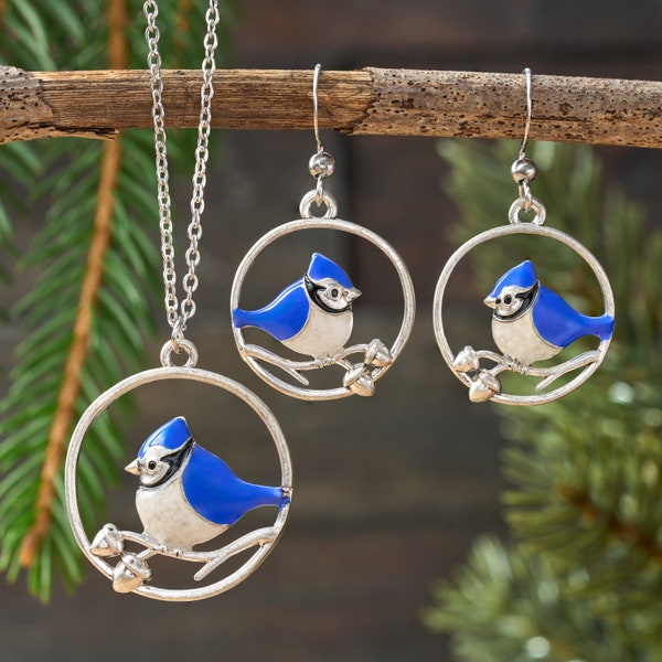 Enamel and Sand Blue Jay Branch Bundle, Blue Jay Earrings and Necklace, Bird Lover Gift, Animal Lover Gift, Jewelry Gift Set, Gift for Her