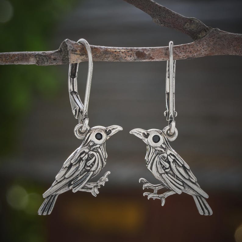 May include: A pair of silver-toned bird earrings. Each earring features a detailed bird design with a black eye, hanging from a lever-back clasp. The earrings are suspended from a natural branch against a blurred background.