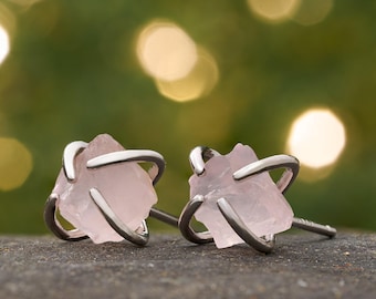 Sterling Silver Rose Quartz Raw Gemstone Studs, Rough Cut Rose Quartz, Hypoallergenic Posts & Butterfly Backings, Minimalist, Gift for Her
