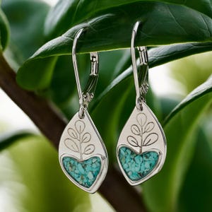 Turquoise Heart Leaf Earrings, Handmade Nature Jewelry, Spring Jewelry, Plant and Tree Earrings, Crushed Turquoise Earrings, Hypoallergenic