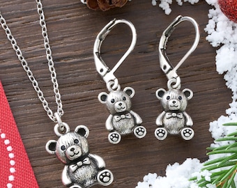 Vintage Bow Tie Teddy Bear Jewelry Gift Set, Matching Necklace & Earrings, Surgical Steel Leverback Hooks