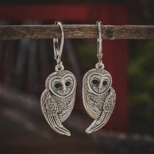 Leverback Vintage Barn Owl Earrings, Rustic Silver Owl Jewelry, Symbolic Nature Earrings, Surgical Stainless Steel Leverbacks, Minimalist