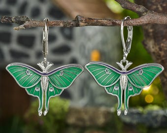 Handmade Enamel Luna Moth Leverback Earrings