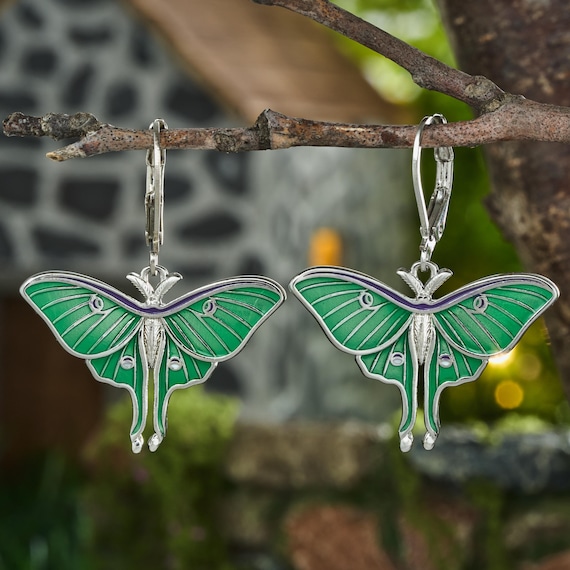 Handmade Enamel Luna Moth Leverback Earrings