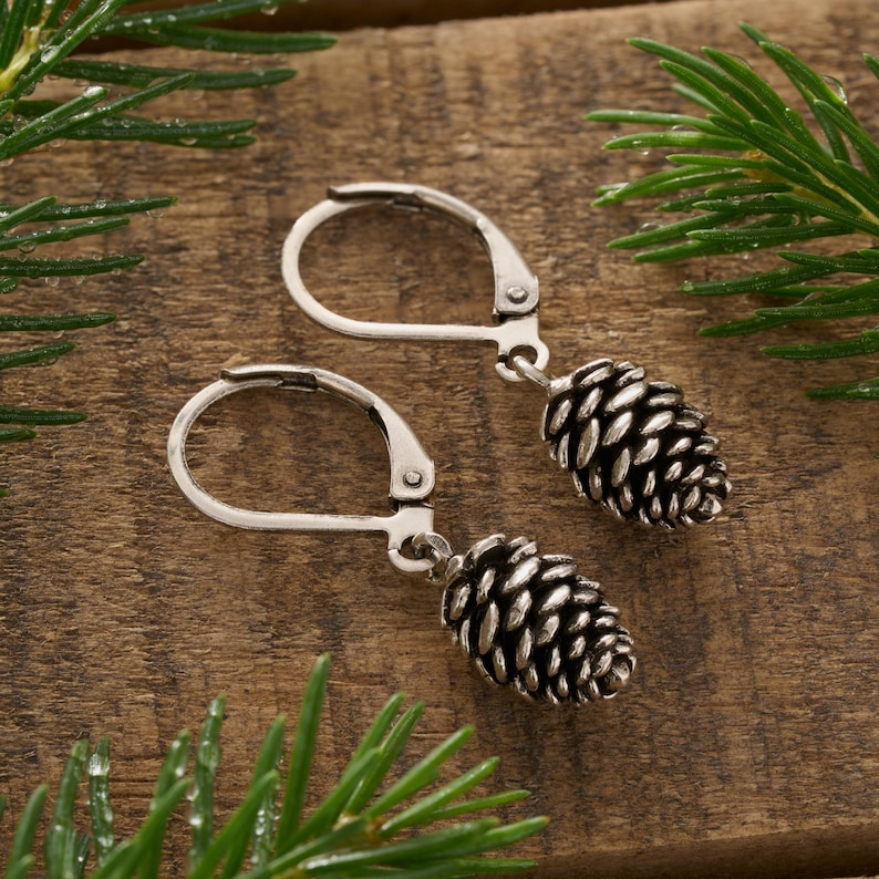 Handmade Leverback Pine Cone Earrings, Pine Tree Jewelry, Rustic Jewelry, Tree Lover Earrings, Winter Earrings, Fall Earrings, Gift for Her bild 3