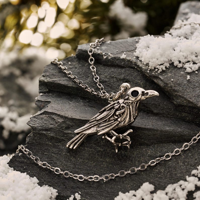 May include: A silver-colored raven pendant necklace. The raven is perched on a dark gray stone, with a chain necklace. The raven has intricate detailing, with a black eye. The background has a blurred effect with white accents.