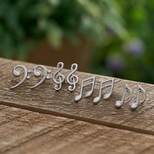 Sterling Silver Music Stud Gift Set, Elegant Silver Jewelry, Treble Clef, Bass Clef, Music Notes, Hypoallergenic Earrings, Minimalist Design