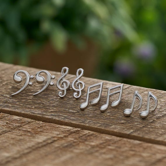 Sterling Silver Music Stud Gift Set, Elegant Silver Jewelry, Treble Clef, Bass Clef, Music Notes, Hypoallergenic Earrings, Minimalist Design