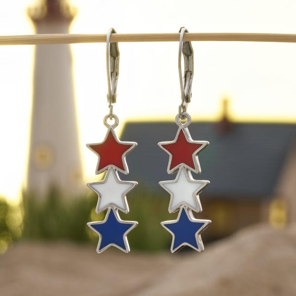 Red White Blue Triple Star Earrings, Patriotic Jewelry, Surgical Steel Leverback Hooks