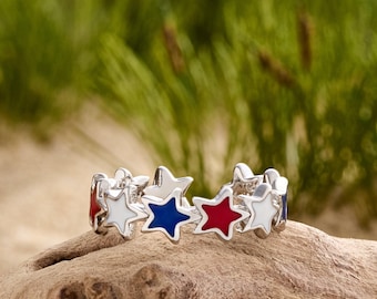 Patriotic Star Ring, Red White Blue Enamel Stackable Americana Jewelry, 4th of July Gift