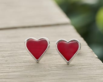 Sterling Silver Tiny Red Heart Studs, Romantic Jewelry, Hypoallergenic