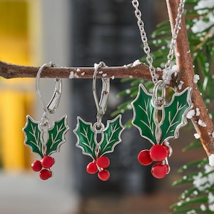 Enamel Holly Berry Jewelry Gift Set, Matching Necklace & Leverback Earrings, Christmas and Holiday-Inspired Jewelry, Minimalist Style