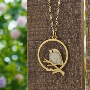 Gold Cream Glass Birdie Branch Necklace, Handmade Spring & Summer Jewelry, Elegant Bird-Themed Necklace, Minimalist Animal Jewelry