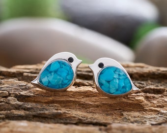 Sterling Silver Birdie Studs,  Tiny Bird Studs, Turquoise Animal Earrings, Hypoallergenic Outdoor Jewelry, Minimalist Studs, Bird Lover Gift