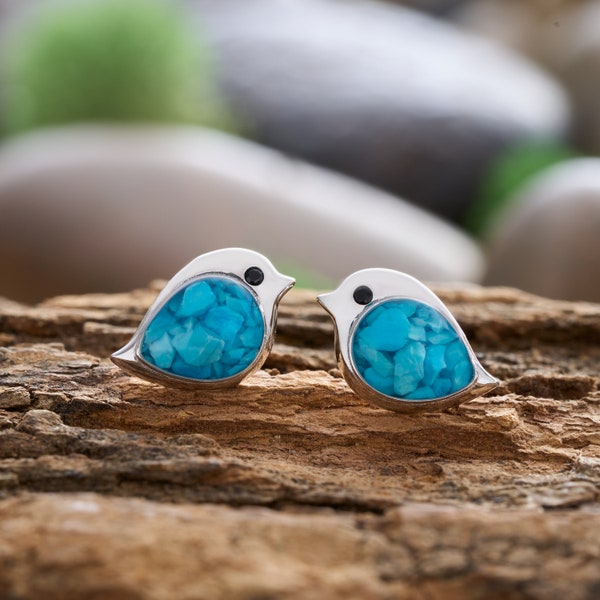 Sterling Silver Birdie Studs,  Tiny Bird Studs, Turquoise Animal Earrings, Hypoallergenic Outdoor Jewelry, Minimalist Studs, Bird Lover Gift