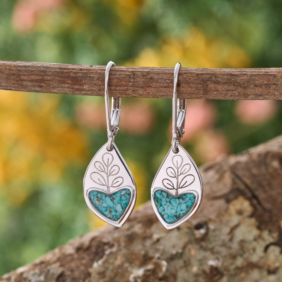 Turquoise Heart Leaf Earrings / Crushed Turquoise Nature Jewelry