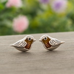 Robin Bird Earrings, Minimalist Sterling Silver Studs, Handmade Hypoallergenic Jewelry, Unique Enamel, Nature-Inspired Gift, Bird Lover Gift