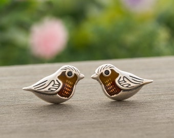 Robin Bird Earrings, Minimalist Sterling Silver Studs, Handmade Hypoallergenic Jewelry, Unique Enamel, Nature-Inspired Gift, Bird Lover Gift