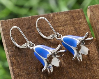 Bluebell Flower Leverback Earrings – Handmade Enamel Botanical Drops