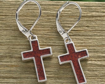 Jasper Cross Earrings, Crushed Gemstones in Resin, Surgical Steel Leverback Hooks