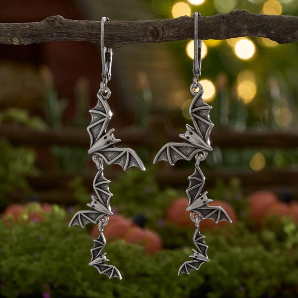 Cascading Bat Earrings, Vintage Silver Triple Gothic Leverback, Halloween Dark Academia Statement Jewelry