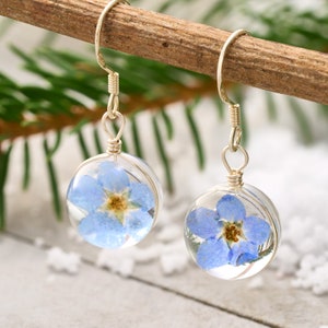 Forget-Me-Not Ball Earrings, Handcrafted with Real Dried Flowers, Glass Ball, Sterling Silver Hooks, Unique Botanical Jewelry, Gift for Her