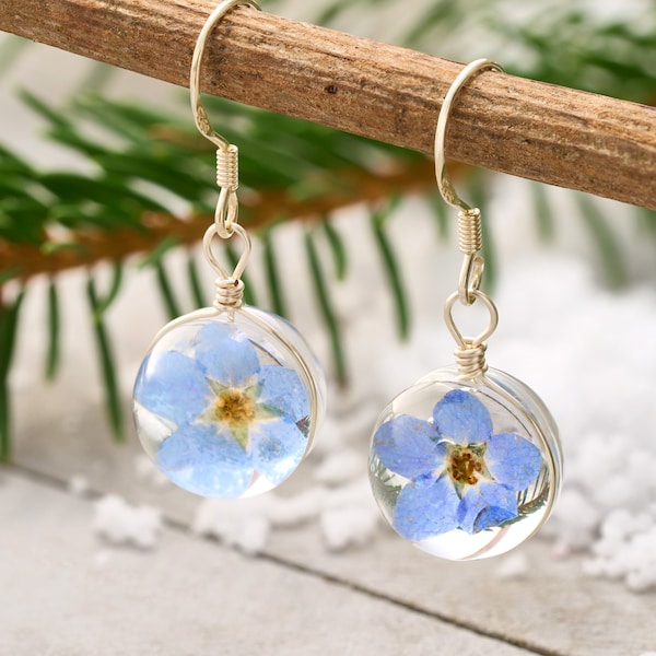 Forget-Me-Not Ball Earrings, Handcrafted with Real Dried Flowers, Glass Ball, Sterling Silver Hooks, Unique Botanical Jewelry, Gift for Her