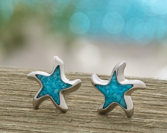 Turquoise Starfish Studs, Rhodium Silver Ocean Coastal Jewelry, Beach Boho Gift for Her