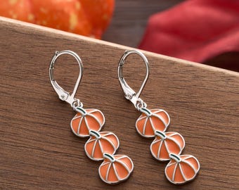 Leverback Triple Pumpkin Earrings, Fall and Autumn Jewelry, Spooky Season Accessories, Handmade Harvest Jewelry, Minimalist, Hypoallergenic