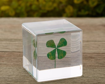 Dried Four-Leaf Clover Paperweight, Handmade Resin Art, Botanical Decor, Irish-themed Decor, Lucky Clover Desk Decor, Nature Lover Gift