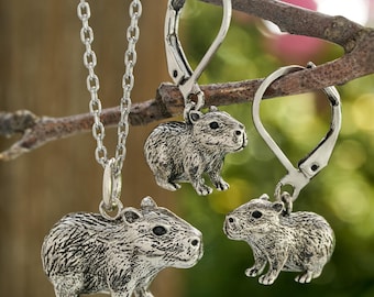 Capybara Jewelry Set, Matching Necklace & Earrings, Surgical Steel Hooks and Stainless Steel Chain