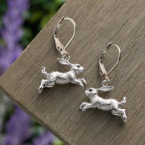 May include: A pair of silver-toned leverback earrings. Each earring features a detailed, running rabbit charm. The earrings are displayed on a wooden surface with a blurred background of purple flowers.