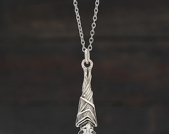 Vintage Hanging Bat Necklace, Spooky Halloween Jewelry, Fall & Autumn Accessory, Vintage Silver Jewelry, Stainless Steel Chain, Minimalist